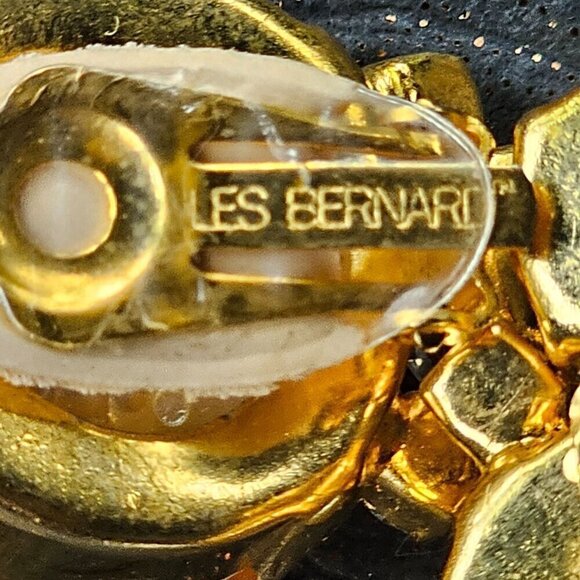 Vintage Les Bernard Gold Tone Large Faux Pearl & Rhinestone Clip-On Earrings - Picture 6 of 7